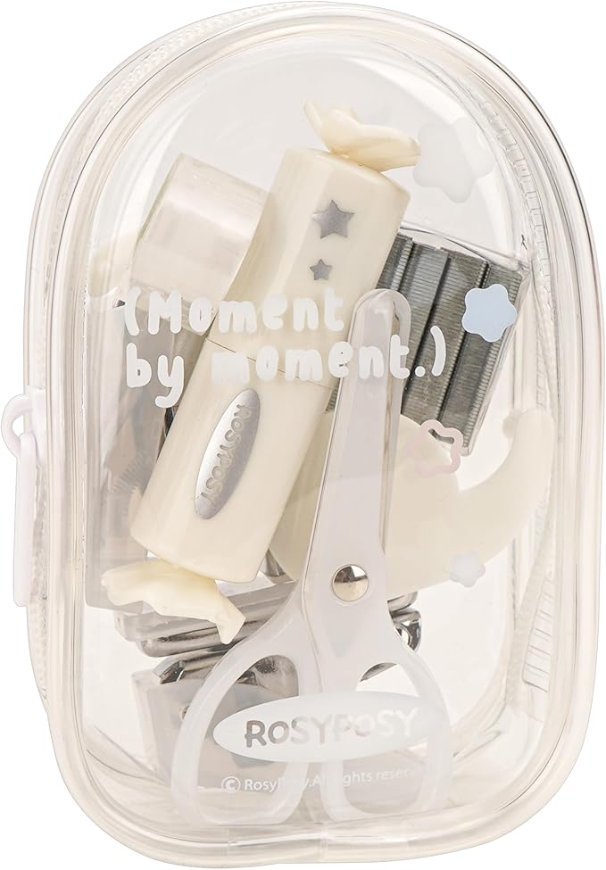 7-Piece Clear Desk Organizer Set - with Stapler, Hole Punch, Tape Dispenser, Scissors & Highlighters, Transparent Office Supplies Kit for Home Office, School & Workspace