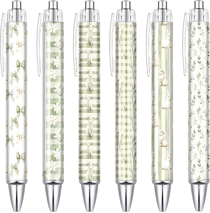 6PCS Spring Pattern Pens Set, Green Bow Reusable Writing Pens, Cute Accessories Items Stationary, Perfect for School, Office Supplies, Party Gifts, Theme Notebooks, Sticky Notes, Desk Decor