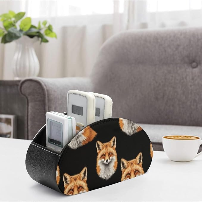 Desktop Remote Control Holder, 5-Compartment PU Leather Organizer for TV, DVD, and Bedside Table Storage, Animal Fox Art