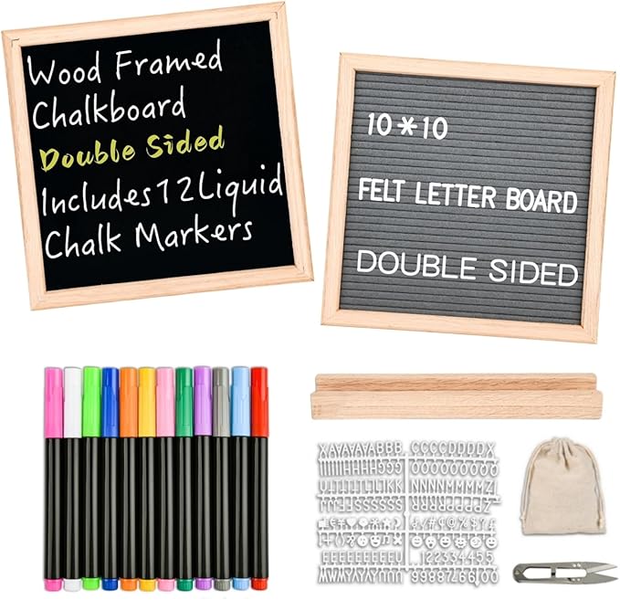 10" x 10" Double Sided Chalkboard Sign with Stand, Small Chalk Board Blackboard Wood Frame Felt Letter Board with 12 Chalk Markers and 340 Letters (Natural Wood)