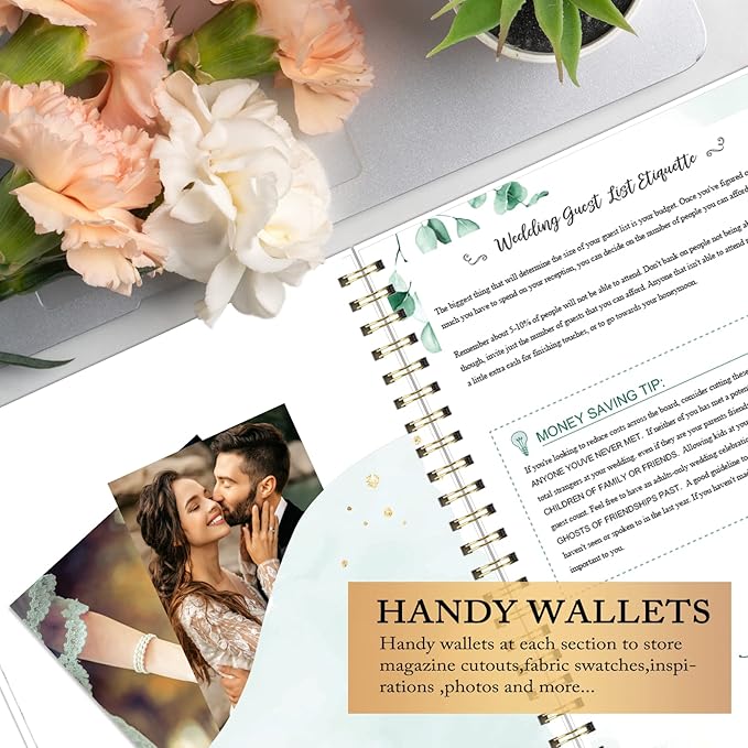 Wedding Planner & Organizer - Wedding Planner Book and Organizer for the Bride, Wedding Planning Book with 5 Tabbed Sections, 9" x 11.9", Hardcover with Metal Corner + 5 Inner Pockets + Elastic Closure - Romantic Floral