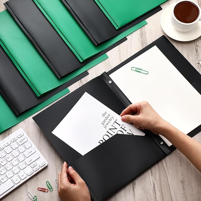 Cholemy 72 Packs Pocket Folders with Prongs Heavy Duty Plastic Folder with Business Card Slot 3 Prong Fasteners for School Office (Black,Green)
