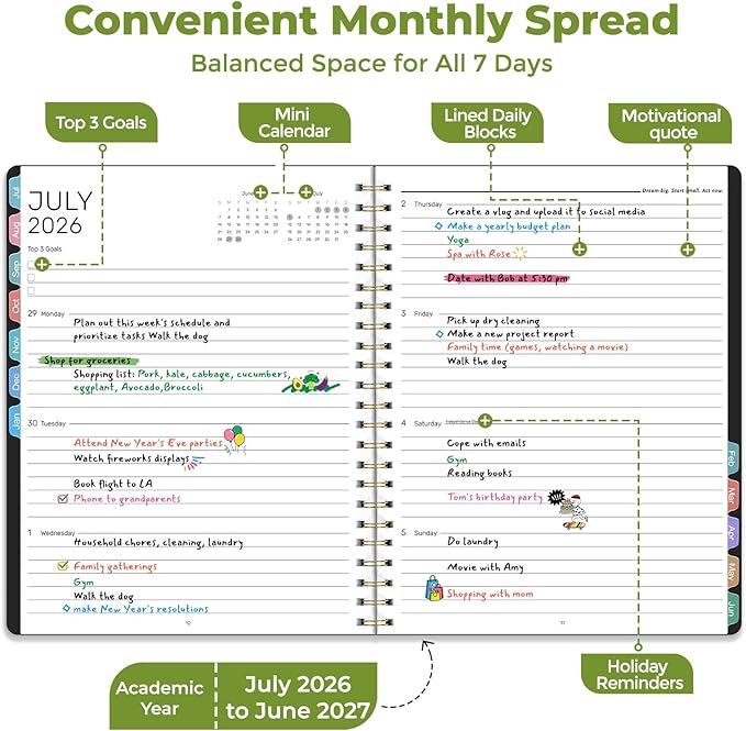 Vinspire 2026 Planner - Yearly, Monthly, and Weekly Planner 2026-2027 for Teachers & Students - Spiral US Academic Year Student Calendar Planners with Notes Pages 2026 Planner Weekly and Monthly - Small (Black, 6.3“×8.4”)