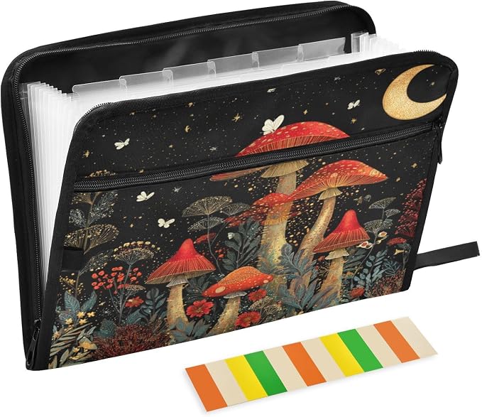 Red Mushrooms at Night Accordion File Organizer Expanding Document Folder with 13 Pockets Portable File Folder for A4 Letter Size