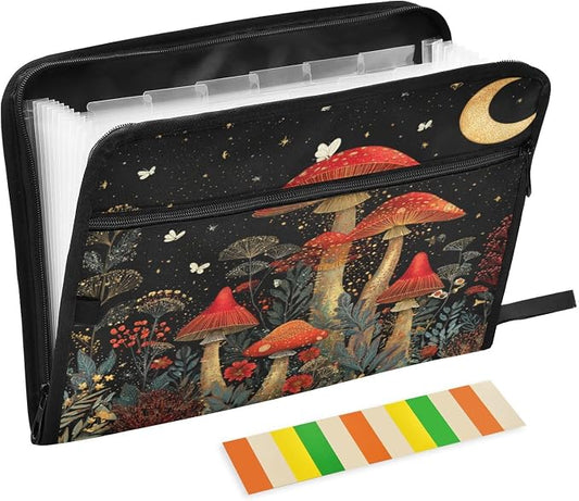 Red Mushrooms at Night Accordion File Organizer Expanding Document Folder with 13 Pockets Portable File Folder for A4 Letter Size