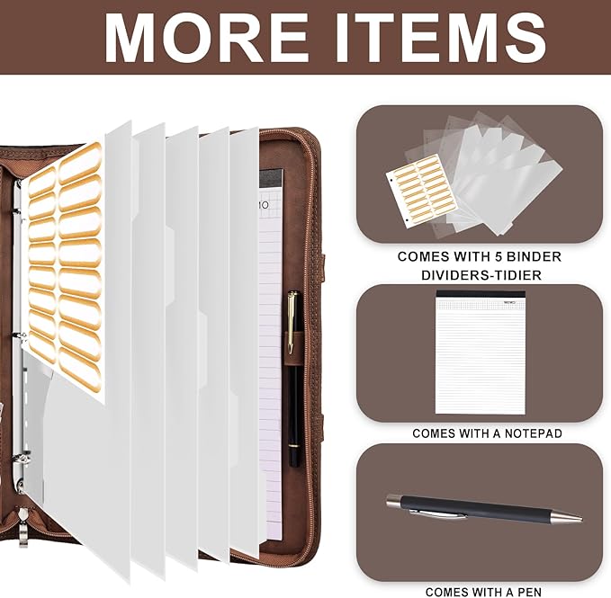 Leathario Portfolio Binder, Includes 5 Folder Index Dividers, 13 Inch Tablets Organizer with Handle, Vegan Leather A4 Padfolio, Multi-Pocket Notepad Business Planner Professional Document