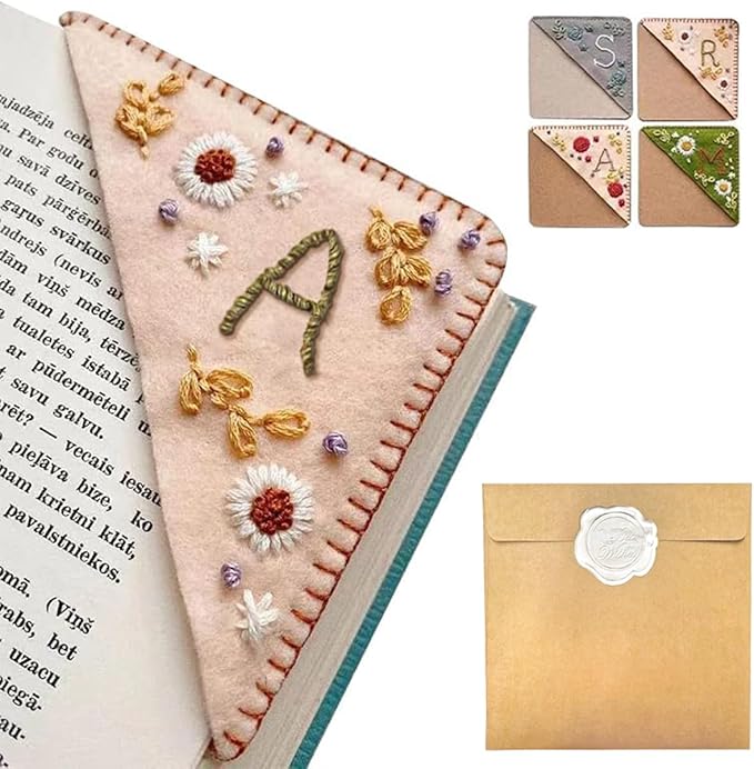 Personalized Hand Embroidered Corner Bookmark, 26 Letters Hand Stitched Felt Corner Letter Bookmark, Cute Flower Embroidery Bookmarks for Book Reading Lovers Meaningful Gift (A, Spring)