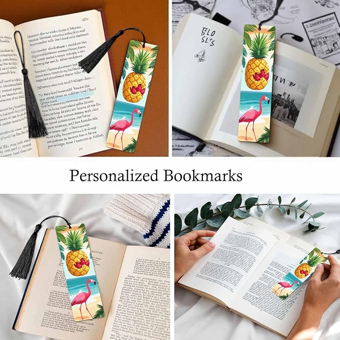 Fun Pineapple 5 Pcs Bookmarks Flamingo Palm Leaf Beach Summer Wooden Bookmarks with Tassel for Students Reader Teachers Book Lovers