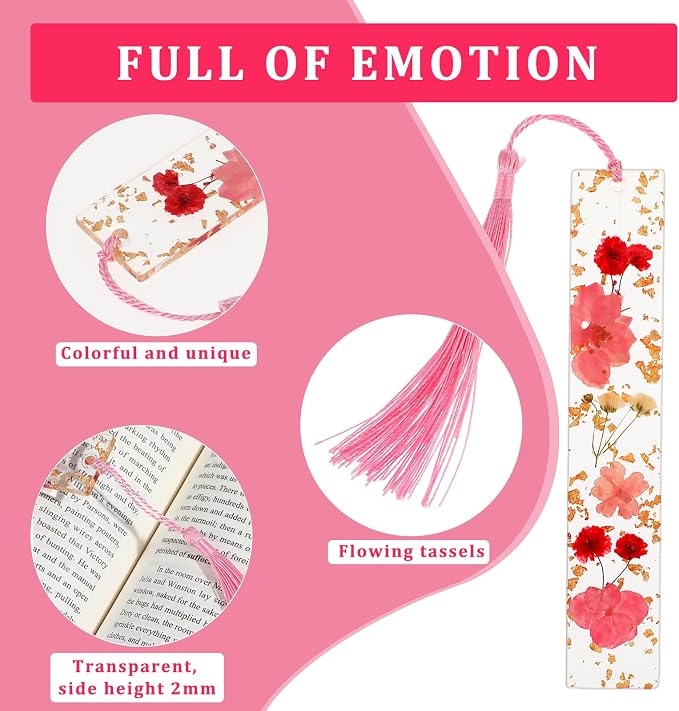 Dimeho Dried Flower Book Marks Tassels Clear Floral Bookmarks Durable Handmade Cute Resin Page Markers Pretty Book Marking Holder Gift for Christmas Bookworms Book Lovers Women(Pink)