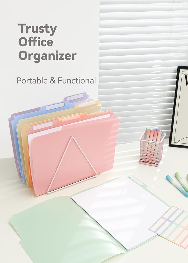 SortRax Plastic Manila Folders 8.5 x 11, 12 Pack, Poly Pastel File Folders, 1/3-Cut Tabs with Colorful Labels, Letter Size