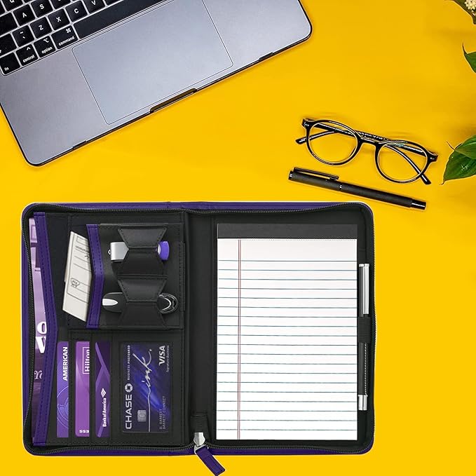 Junior Padfolio Portfolio with 5 x 8 Writing Pad, A5 Business Portfolio Binder Folder Organizer Multi-Function Combination Case for Men Women, Dark Purple