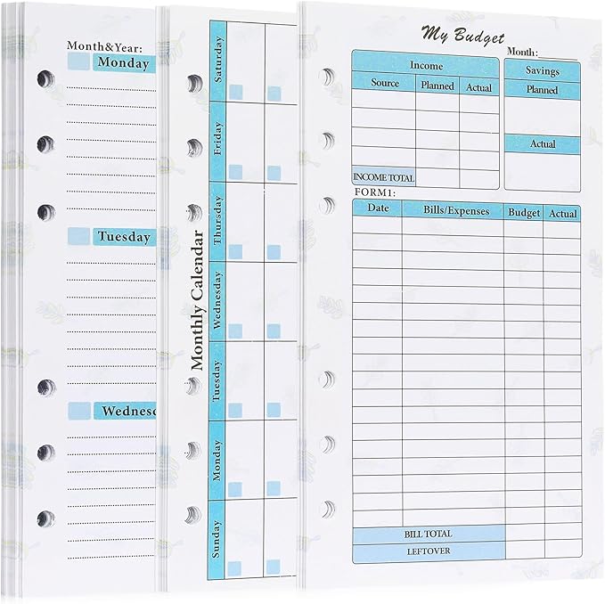 Toplive 3 Pack A6 Planner Refill Paper & Budget Sheets, Monthly Weekly Planner Losse Leaf Inserts 6 Hole Expense Tracker or A6 Planner Binder Cover Budget Bill Saving Organizer, Green 3 Pack