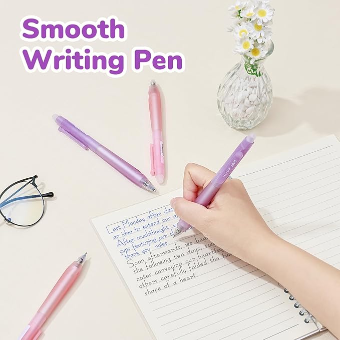 Temiary 8 PCS Retractable Erasable Pens (4 Black & 4 Blue), Heat Sensitive 0.5 mm Fine Point Erasable Gel Ink Pen, Eraser Pen for Journaling Crossword Puzzles School Office Supplies (Purple & Pink)