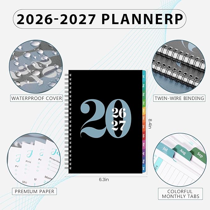 Planner 2026-2027- Academic Planner 2026-2027, JUL.2026 - JUN.2027, 6.4" x 8.3", 2026-27 Calendar Planner, Weekly and Monthly with Waterproof PVC Cover, Colorful Tabs, Spiral Bound, Student Teacher Organizer - Black