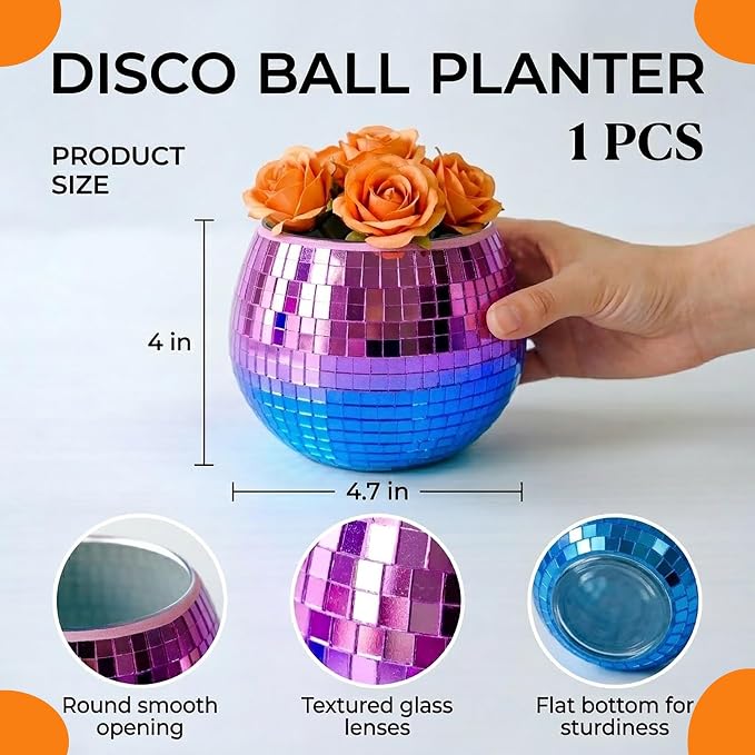 Disco Ball Pencil Holder for Desk - Cute Office Decor & Makeup Brush Organizer, 4.7 Inch Sparkly Glass Pen Cup, Fun Desk Accessories for Women (RAINBOW)