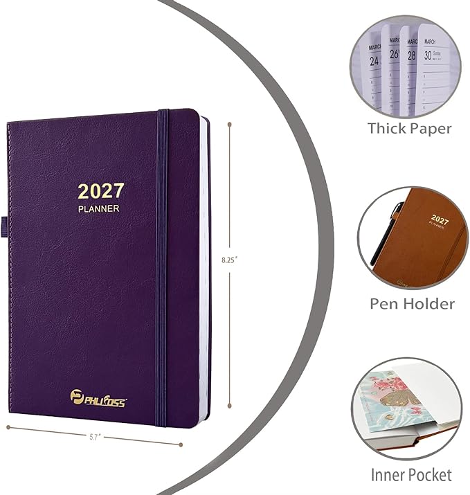2027 Daily Planner/Calendar, One Page Per Day, Daily Monthly Agenda Planner with Time Slots and Monthly Tabs, Jan - Dec 2027, 5.7" x 8.25" Appointment Book, Pen Holder, Leather Cover (Purple)