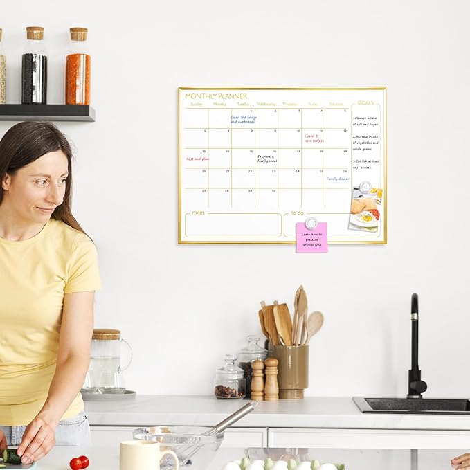 Dry Erase Calendar Whiteboard for Wall, 24'' x 18'' Monthly White Board Planner with Gold Frame, Magnetic Hanging Wipe Board for Home Office School Dorm