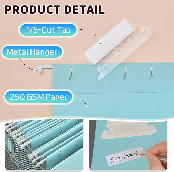25-Pack Hanging File Folders, Letter Size, Includes 35 Transparent Label Cards & 50 Sticker Labels,1/5-Cut Tabs for Home & Office Organization(Light Blue)