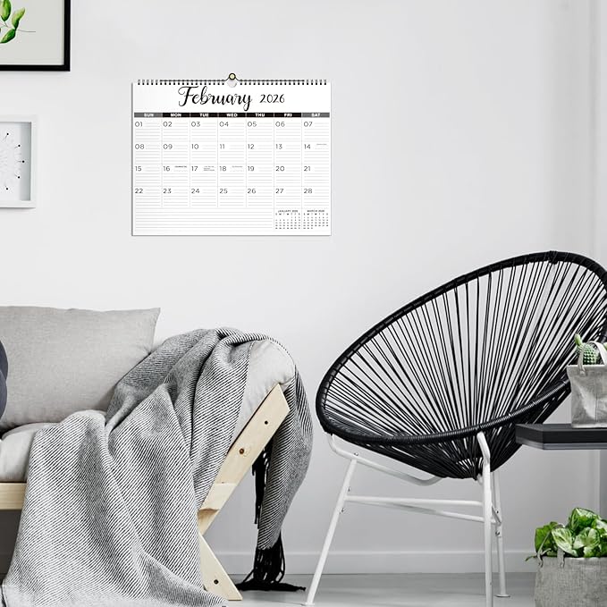 2026 Wall Calendar - 2026 Calendar with Thick Paper, 15" x 11.5", Jan.2026 - Dec.2026, Twin-Wire Binding + Hanging Hook + Ruled Blocks with Julian Date - Classic Black