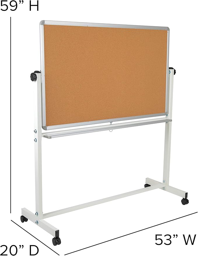 BizChair Reversible Mobile Cork Bulletin Board and White Board with Pen Tray, 53"W x 59"H