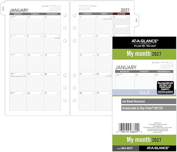 AT-A-GLANCE 2027 Planner Refill, Monthly, 3.75" x 6.75", Portable Size 3, Tabbed, 7-Ring Loose-Leaf (063-685Y-27)