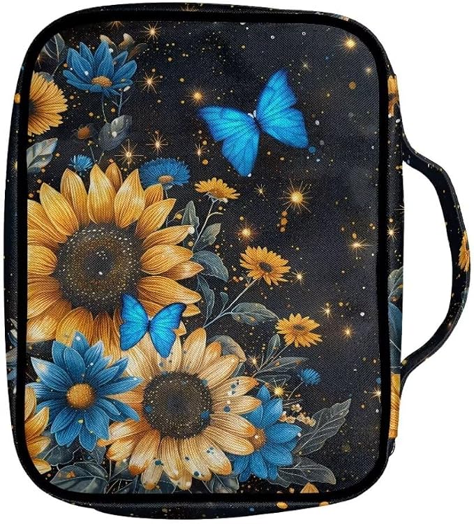 Coldinair Galaxy Bible Cover for Women Teens Kid Girls,Butterfly Sunflower Carrying Book Case Church Bag Bible Holder with Handle and Zippered Pocket