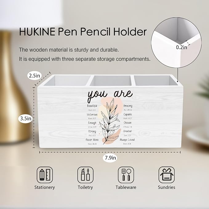 You Are Beautiful Christian Pen Holder for Desk Decoration, Botanical Religious Wooden Box Sign Pencil Holder Organizer for Home Office Desk Accessories, Christian Inspirational Gifts