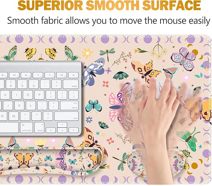 ARTSO Desk Mat Set, Apricot Extended Gaming Mouse Pad with Wrist Rest Support +Keyboard Wrist Rest +Coaster, Large Cute Butterfly Mousepad, Easy Typing and Pain Relief