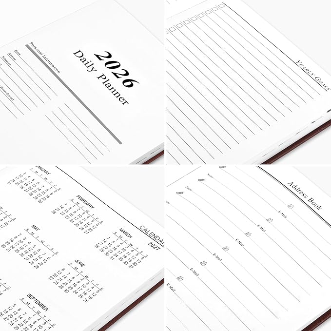 KESOTE 2026 Daily Hourly Planner - One Page a Day, 2026 Diary 5.7 x 8.3" Hardcover Weekly Monthly Planner Agenda 12 Month, A5 Notebook, Brown