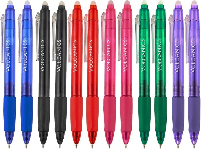 Volcanics Retractable Clicker Erasable Gel Pens 12 Pack, 6 Bright Colors, 0.7mm Fine Point Gel Ink Pens, Smooth & Refillable for Home and Office