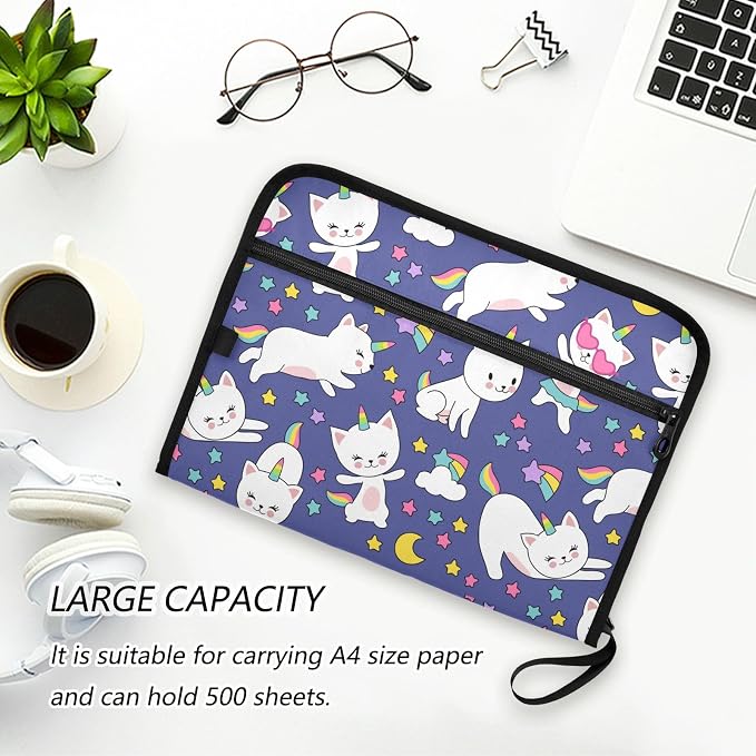 13 Pockets Expanding File Folder Cats Unicorn Rainbow Cute with Sticky Labels Accordion File Folder Document Organizer Letter Size A4 Papers Expandable File Keeper