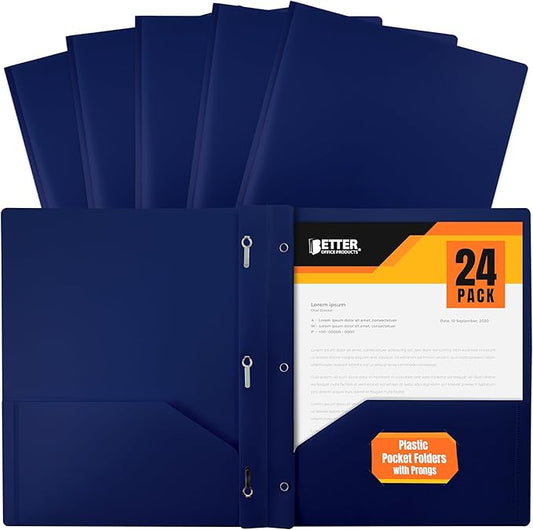 Better Office Products Navy Blue Folders with 3 Metal Prongs, Blue Plastic Folders with Pockets and Prongs, Heavyweight Letter Size Poly Folders, 24 Pack, Durable Plastic Pocket Folders with Prongs