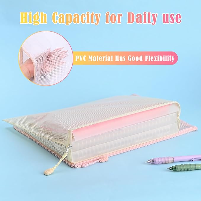 BAYTORY 18Pcs Mesh Zipper Pouch Bags, Clear Waterproof Document Bag, Assorted Color File Pockets, Large Capacity Plastic File Jackets, Multipurpose for Travel School Office and Home (Colorful)