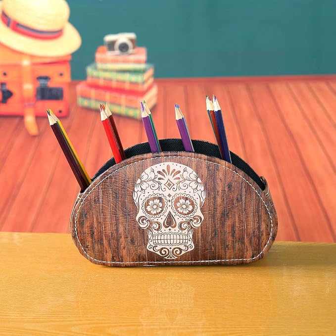 Remote Holder for Table, PU Leather TV Controller Holder with 5 Compartments, Remote Control Holder for Office Supplies, Wooden Look Sugar Skull Halloween Decor PH61