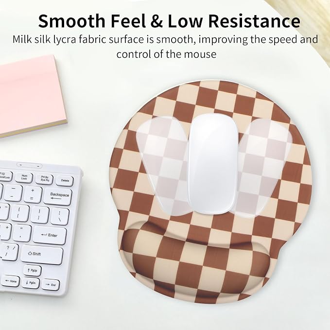 Retro Checkered Mouse Pad with Support Wrist Rest,Cute Funny Boho Ergonomic Mouse Pad with Non-Slip Base for Office Gaming Working Computers,Desk Accessories Pain Relief,Brown