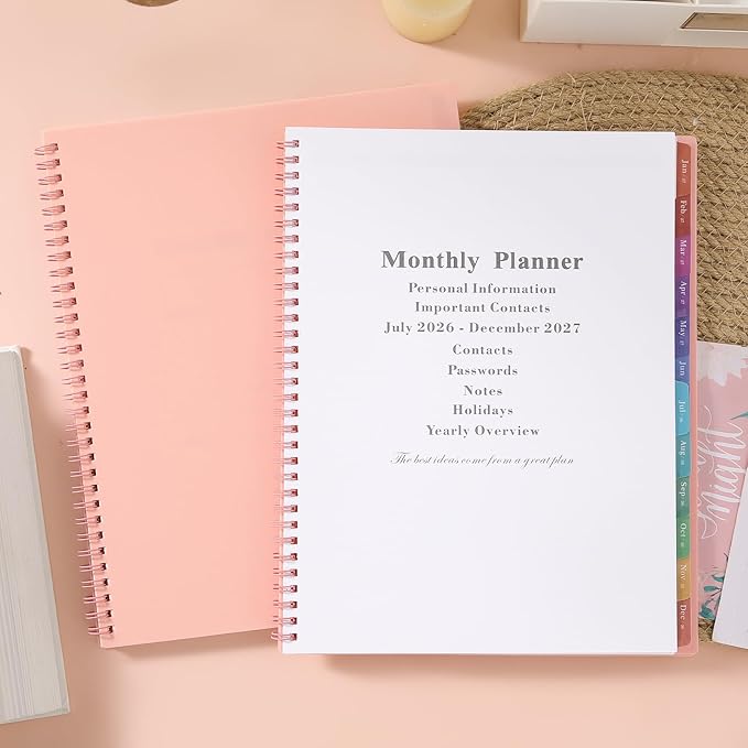 Monthly Planner 2026-2027 - JUL 2026 - DEC 2027, 9" × 11" Monthly Calendar, Planner 2026-2027, 18-Month Calendar Planner with Colorful Tabs, Thick Paper, Pocket, Label, Twin- Wire Binding- Pink