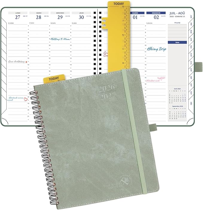 POPRUN 2026-2027 Academic Weekly Planner, 7" x 8.5", July 2026 to June 2027, Spiral Bound Notebook with Vertical Layout, Hourly Time Slots, PU Leather Softcover, Inner pocket - Olive Green