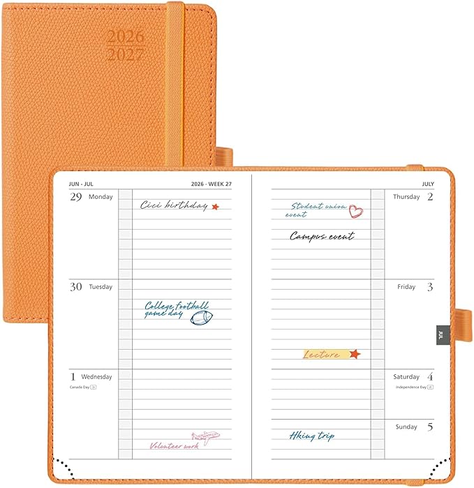 POPRUN 2026-2027 Pocket Weekly Planner Calendar, Size 4'' x 6.25'', Academic Planner (Jul 2026 - Jun 2027) Horizontal Layout with Lined Sections, Leather Hardcover, 100GSM Paper - Orange