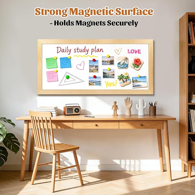 Large Magnetic Chalkboard for Wall, 58 x 25 Inch Solid Wood Framed Natural Whiteboard, Wall Mounted Chalk Board for Kitchen, Restaurant, Food Truck and Calendar Board