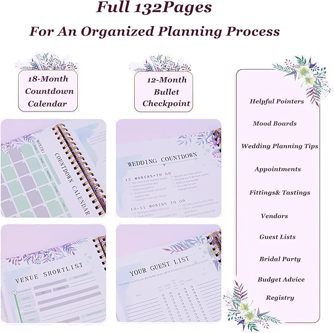 Spiral Wedding Planner Niotebook with Countdown Calendar, Beautiful Boho Wedding Planner Book and Organizer with Guiding Tab, Bridal Planning Binder (Green Leaves)