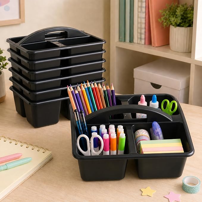 gisgfim 6 Pack Plastic Classroom Caddy with 4-Compartments Plastic Storage Caddies with Handle 4 Compartments Table Caddy Organizer Versatile Table Caddies for Classroom Office, Black