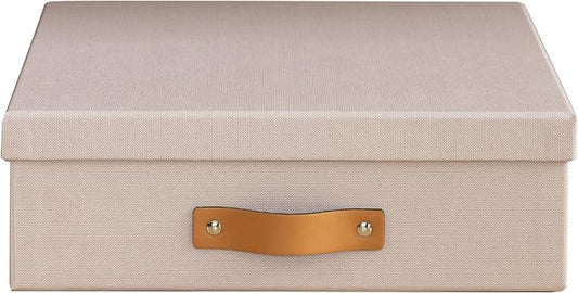 Bigso Oskar Fiberboard Document Storage Box with Lid for A4 and Letter Size Papers - Stylish, Sturdy, and Stackable Keepsake Box with Leather Handle - W10.2in x D13.8in x H3.3in - Pink Rose