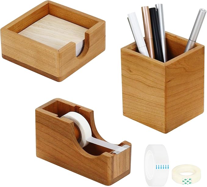 MultiBey Solid Cherry Wood Desk Organizer Set, Wood Tape Dispenser with Refill Rolls, Wooden Pen Holder, Wood Post It Note Holder for Office & Home Desk Supplies (3-Piece Set)