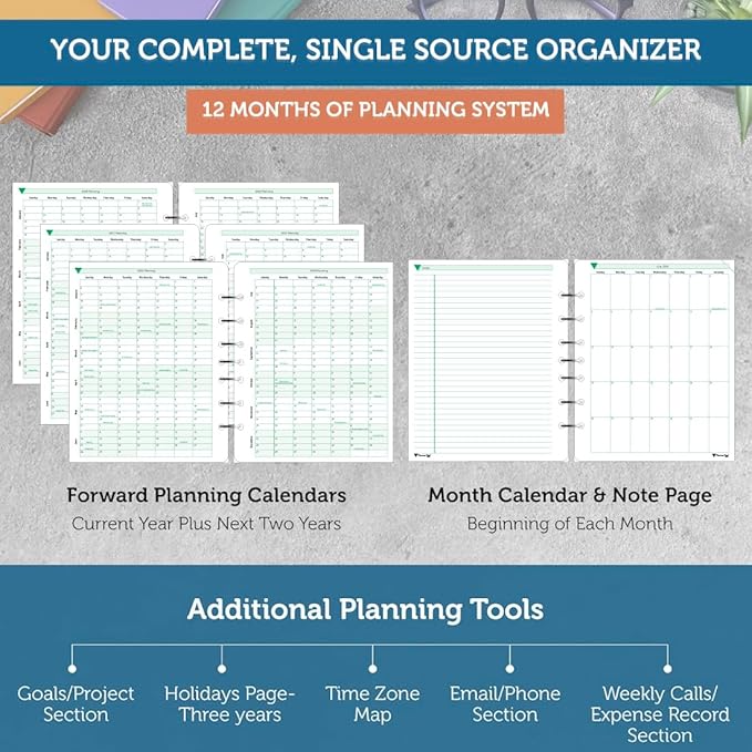 Planner Pad 7 Hole Loose Leaf 3-Tier Funnel Down 12 Month Medium Size Organizer, July 2026 – June 2027 / Academic Year, Soft Green Ink, 6 3/4" x 8 1/2"