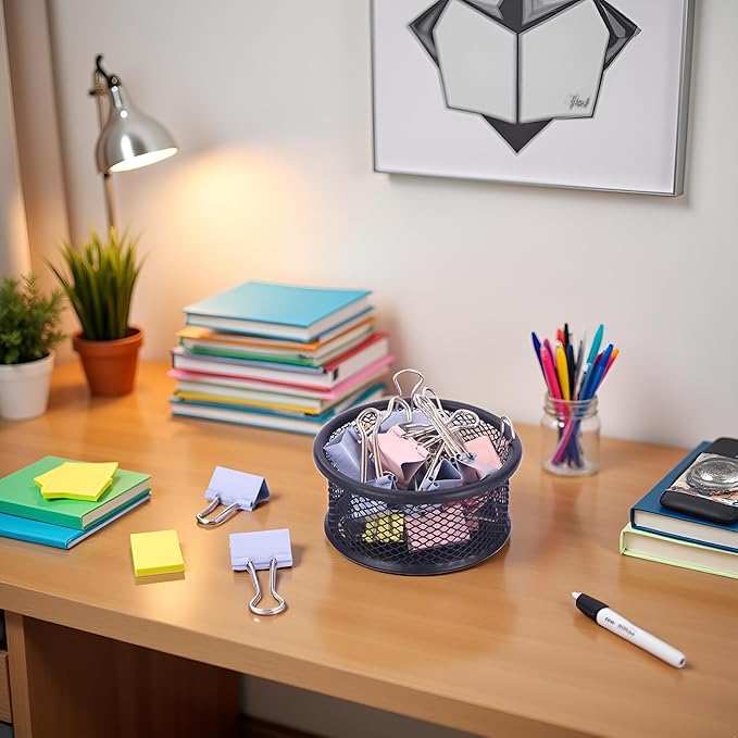 Black Metal Mesh Desk Organizer - Multi-Purpose Clip Holder for Office and School Supplies, Paperclip/Binder Clip Dispenser with Non-Slip Base (Home Office, Classroom, Study Desk Accessories)