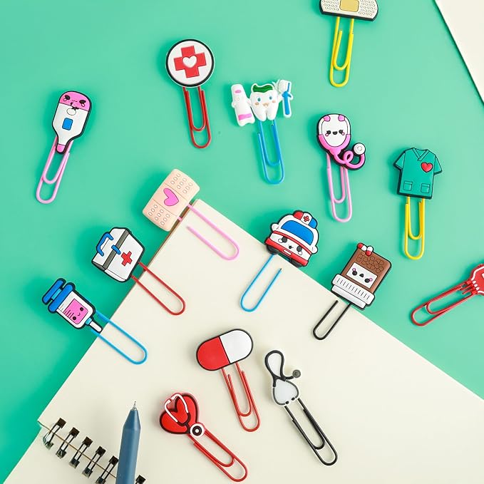 15 Pcs Cute Cartoon Bookmarks, Nurse Gifts Medical Theme Bookmarks Colorful Paperclip for Pagination Organize Folder Unique Bookmark for Nurses Day Doctors Day Office Kids Gift