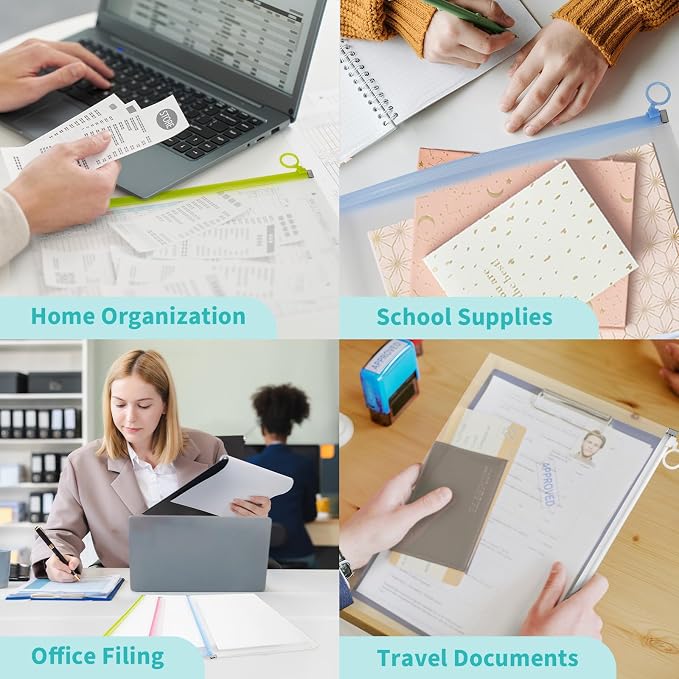 Binditek 5 Pack Clear Plastic Zip Envelopes, Heavy Duty, 9 x 12 Inch Expanding File Pouches, Multicolor Document Holders for Office and School Use