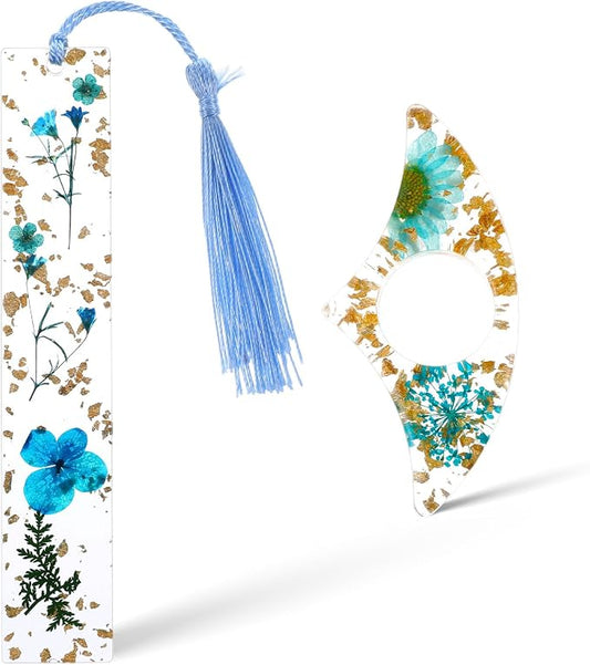 2Pcs Book Page Holder, Dried Flower Resin Thumb Book Page Holder and Bookmark with Tassel, Book Accessories for Reading Lovers, Gift for Bookworm, Readers, Literary, Students, Teachers (Lake Blue)