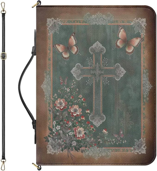 Bible Case for Women, Green Bible Case with Strap and Handle, Boho Crucifix Print Waterproof PU Leather Book Holder with Inner Pockets and Pen Loop, Biblia Accessories Women, XL
