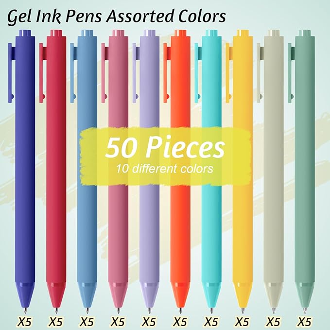 Crtiin 50 Pcs Gel Pens Bulk, 0.5mm Fine Point Black Ink Pens, Retractable Smooth Writing Quick Dry, Colored Aesthetic for School Office Journaling Teacher Appreciation Mother Day (Rainbow Colors)